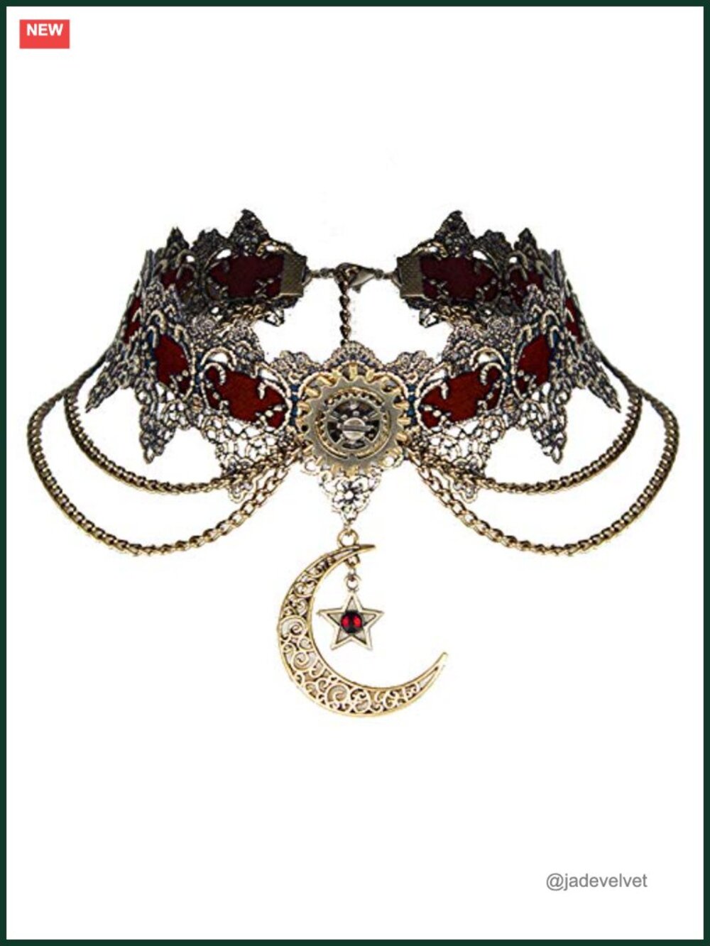 Women Steampunk Lace Choker Necklace Bronze Gold Moon Pendant Vintage